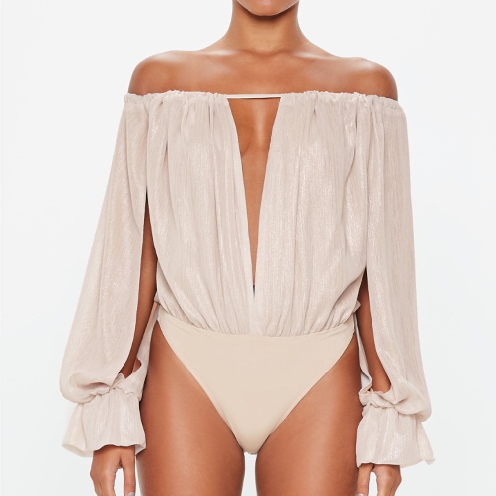 Peace + Love Nude Metallic Bardot Bodysuit Sz. 4